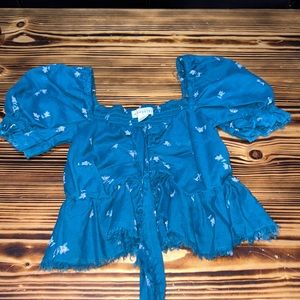turquoise flower cropped tie shirt